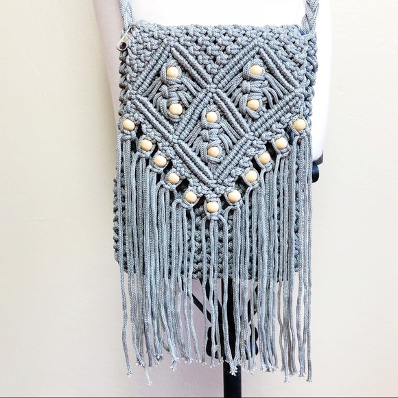 none Handbags - Fringed Blue Crocheted + Wood Beads Crossbody Bag